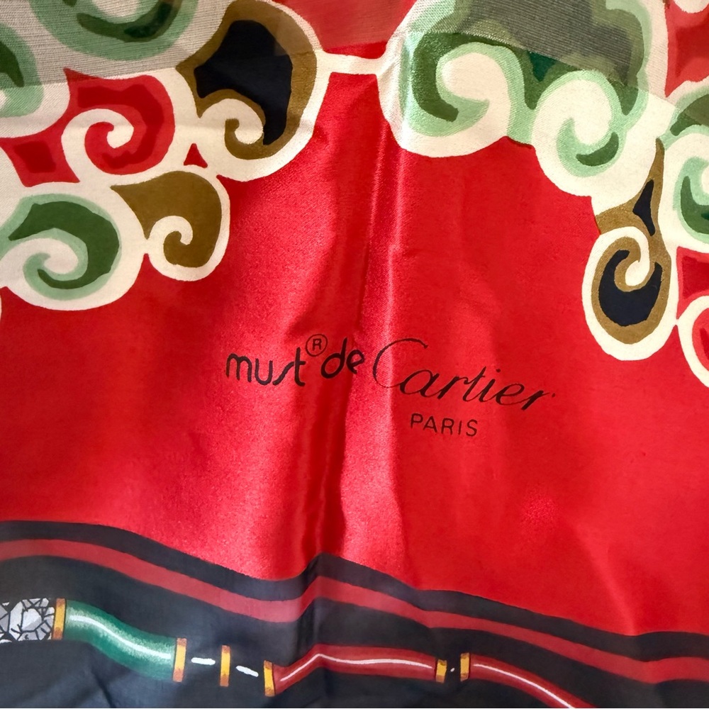 Cartier Silk Scarf in Red with Green, Black and Gold Accents
